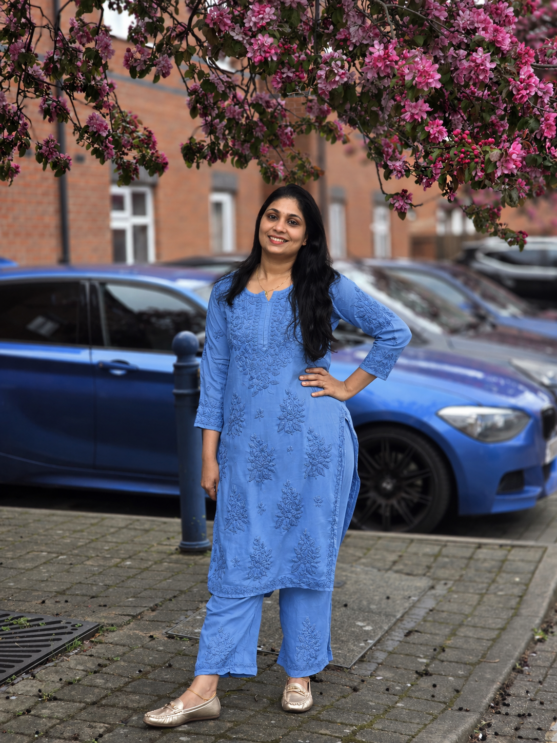 Premium Modal 3D Chikankari Kurti Set – Dusty Sky Blue