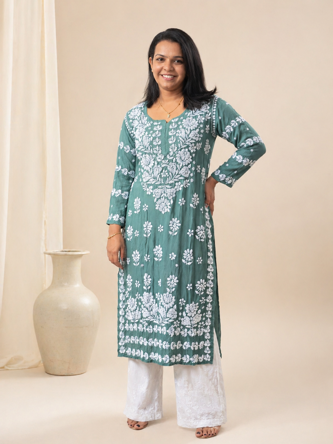 Premium Viscose Chikankari Kurti in Sage Green | Ethnic Wear UK - Image 4