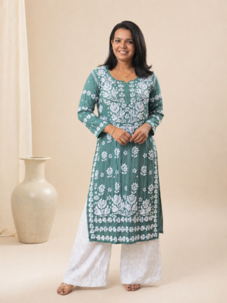 Premium Viscose Chikankari Kurti in Sage Green | Ethnic Wear UK