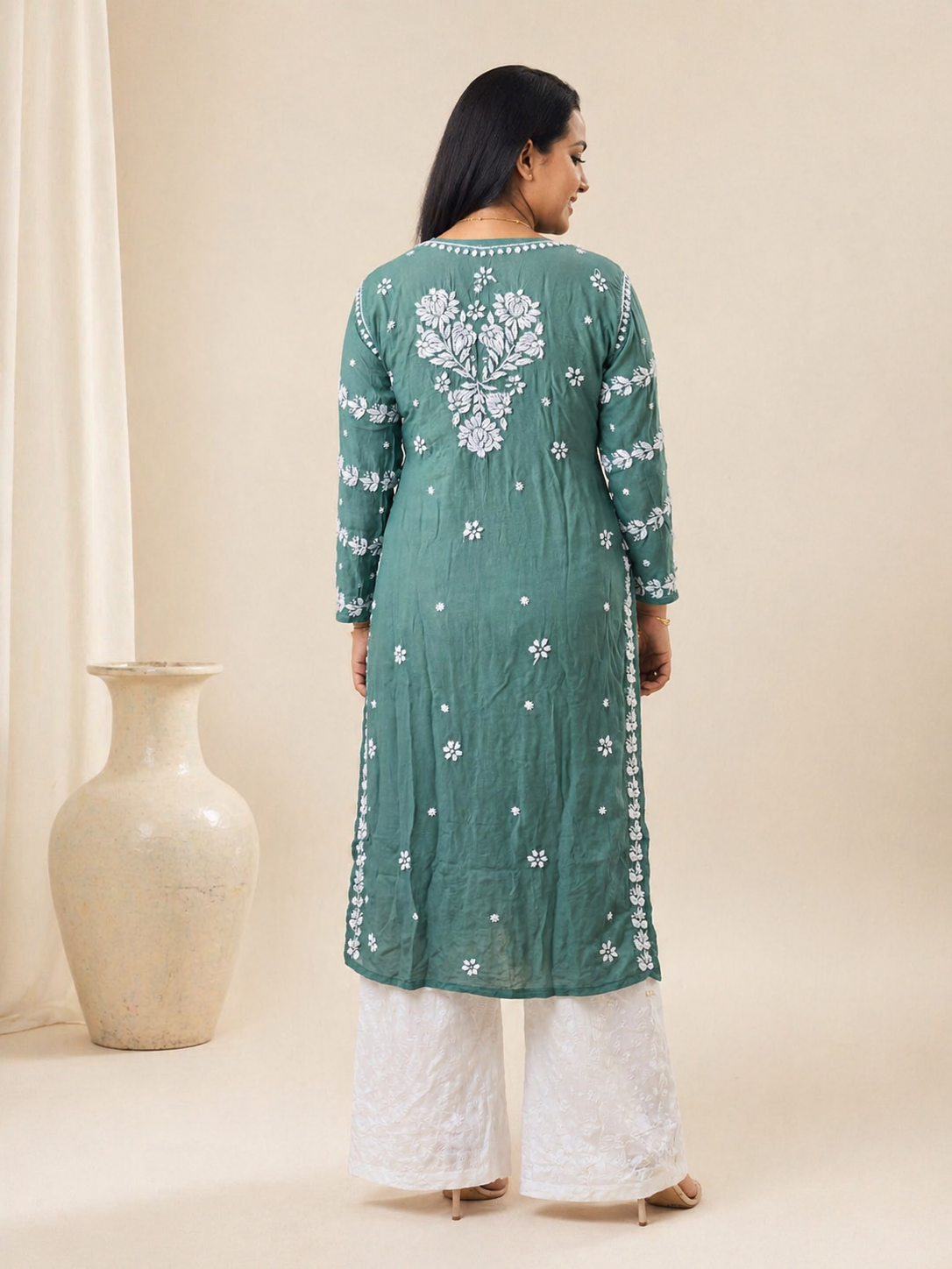 Premium Viscose Chikankari Kurti in Sage Green | Ethnic Wear UK - Image 2