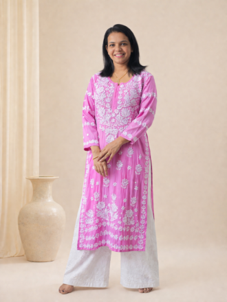Premium Viscose Chikankari Kurti in Rose Pink | Ethnic Wear UK