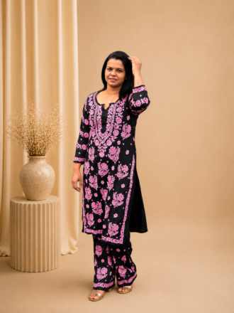 Premium Modal Chikankari 2-Piece Set in Black & Rani Pink | Ethnic Wear UK