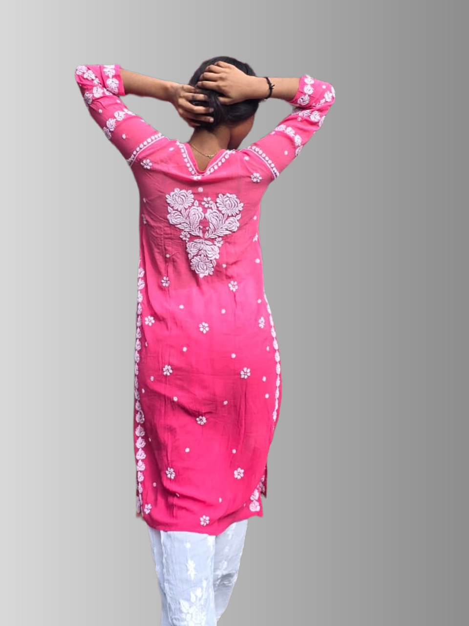 Premium Viscose Chikanakankari Kurti - Rani Pink - Image 4