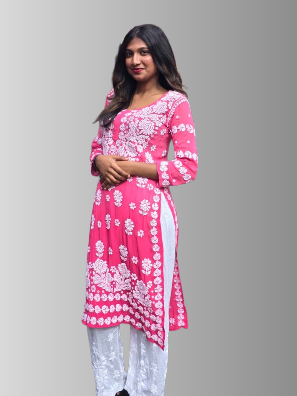 Premium Viscose Chikanakankari Kurti - Rani Pink - Image 5