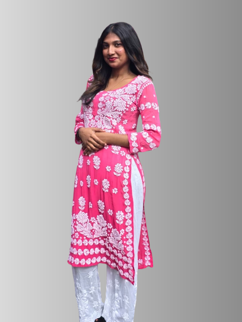 Premium Viscose Chikanakankari Kurti - Rani Pink - Image 3