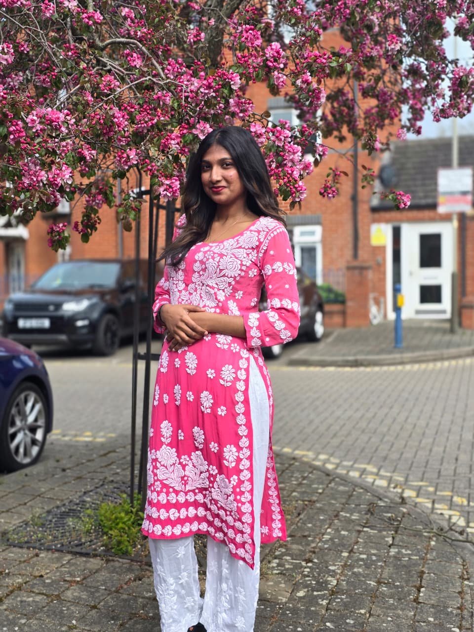 Premium Viscose Chikanakankari Kurti - Rani Pink - Image 6