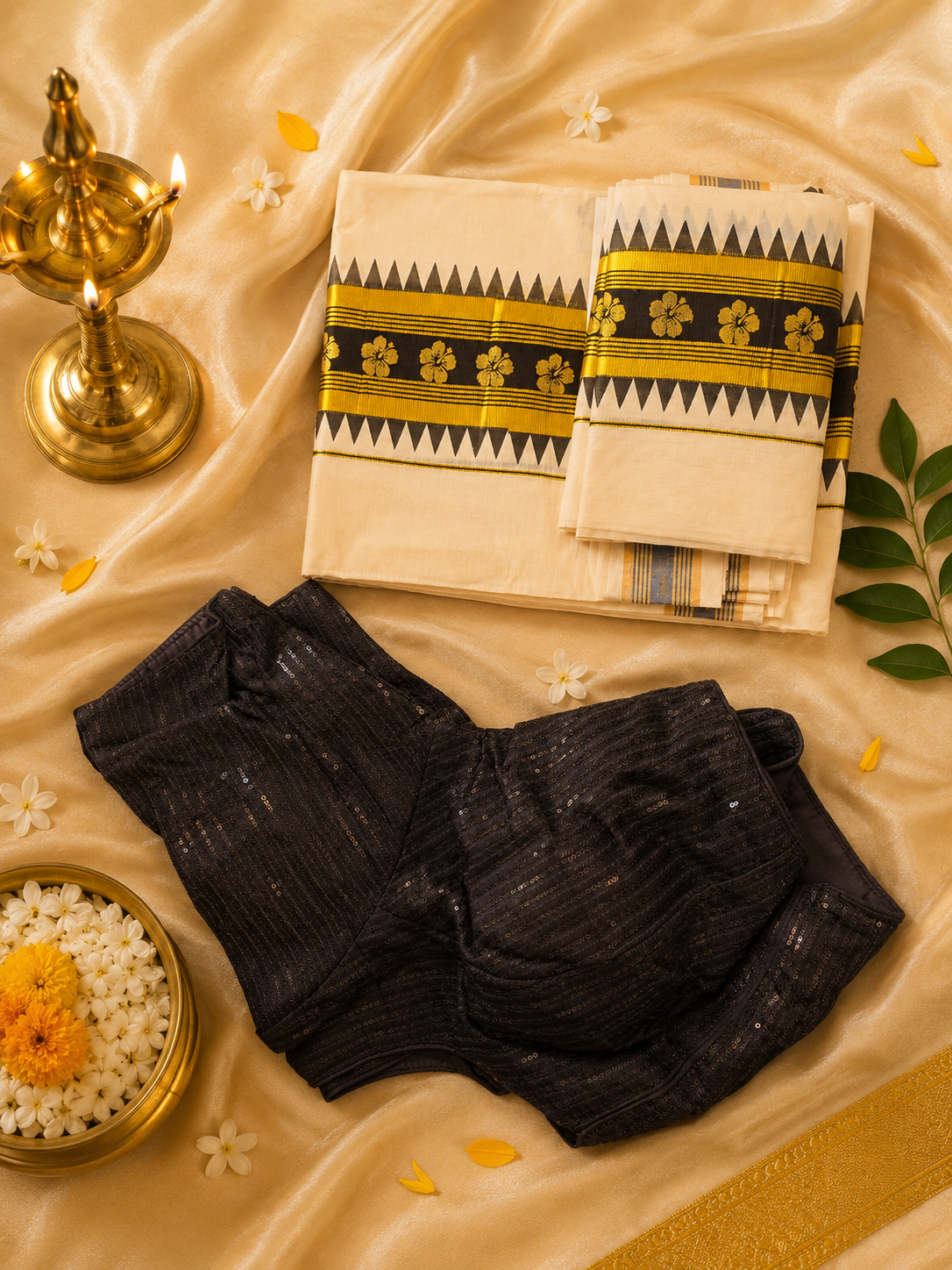 Kuthampully Black & Gold Traditional Set Mundu | ചെമ്പരത്തി - Image 6