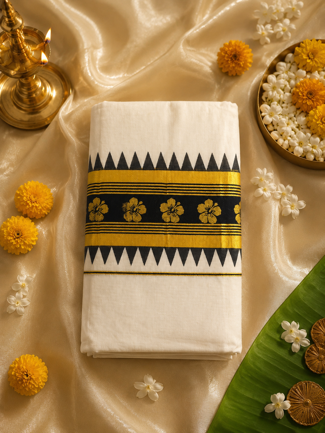 Kuthampully Black & Gold Traditional Set Mundu | ചെമ്പരത്തി - Image 2