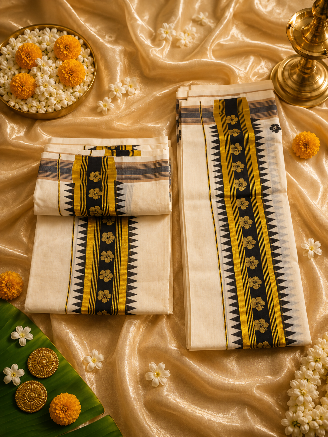 Kuthampully Black & Gold Traditional Set Mundu | ചെമ്പരത്തി - Image 3