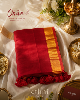 Elegant Red Mul Cotton Saree with Gold Border & Tassels