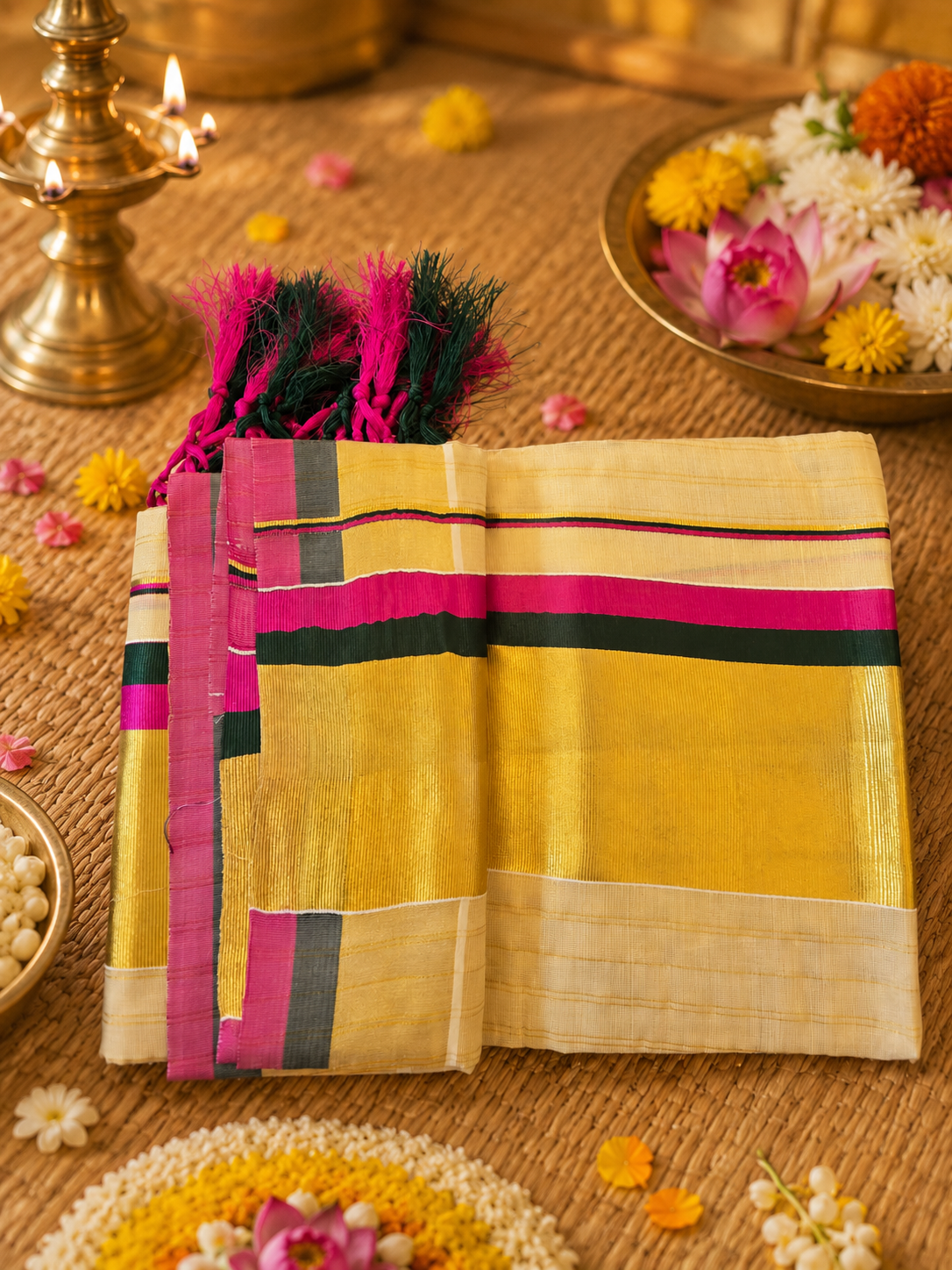 Premium Kerala Kasavu Set Mundu for Women with Pink & Green Border | Traditional Onam Set Mund - Image 2