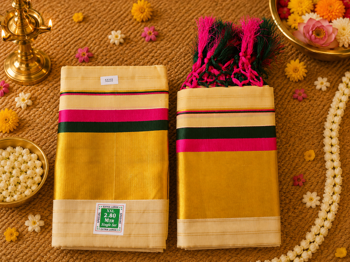 Premium Kerala Kasavu Set Mundu for Women with Pink & Green Border | Traditional Onam Set Mund - Image 3