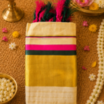 Premium Kerala Kasavu Set Mundu for Women with Pink & Green Border | Traditional Onam Set Mund