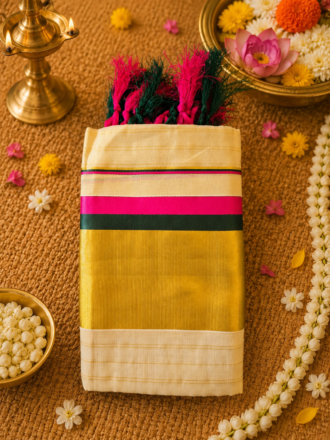 Premium Kerala Kasavu Set Mundu for Women with Pink & Green Border | Traditional Onam Set Mund