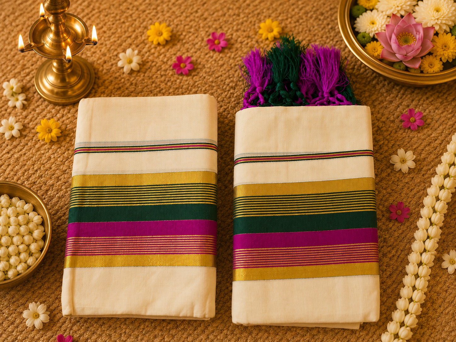 പഞ്ചമി | Premium Kerala Kasavu Set Mundu for Women with Green & Magenta Border | Traditional Onam Set Saree - Image 2