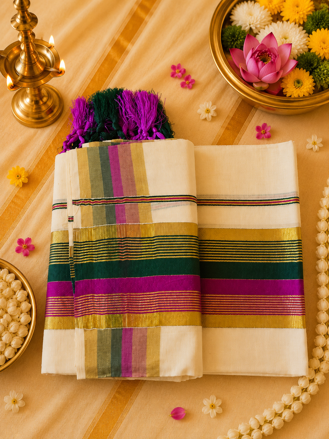 പഞ്ചമി | Premium Kerala Kasavu Set Mundu for Women with Green & Magenta Border | Traditional Onam Set Saree - Image 3