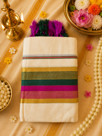 പഞ്ചമി | Premium Kerala Kasavu Set Mundu for Women with Green & Magenta Border | Traditional Onam Set Saree