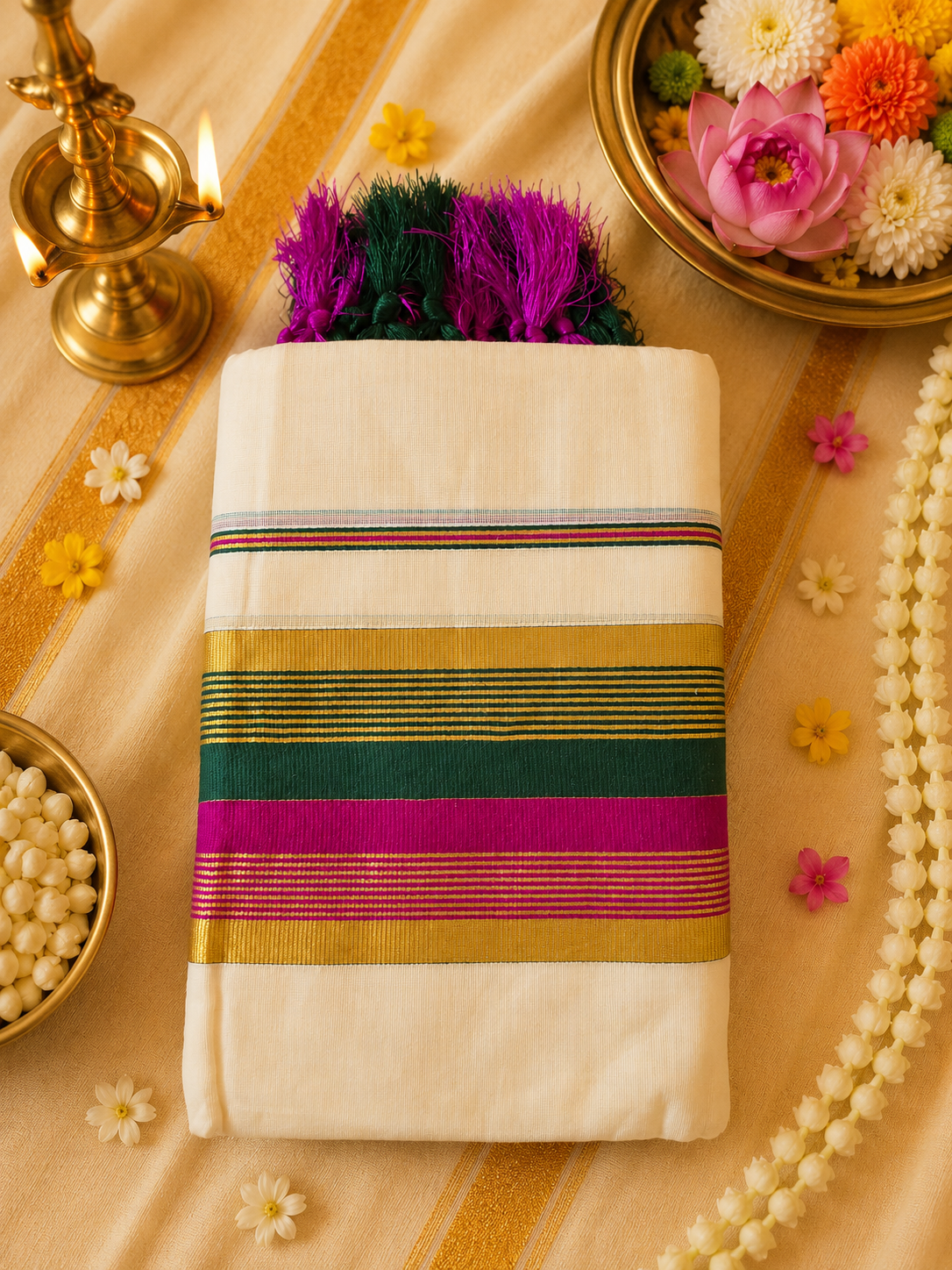 പഞ്ചമി | Premium Kerala Kasavu Set Mundu for Women with Green & Magenta Border | Traditional Onam Set Saree