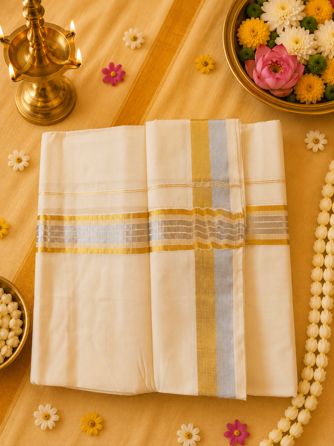 Classic Men’s Kerala Dhoti with Silver Gold Border – Premium Collection | Additional discount applicable if you purchase any saree with us. - Image 2
