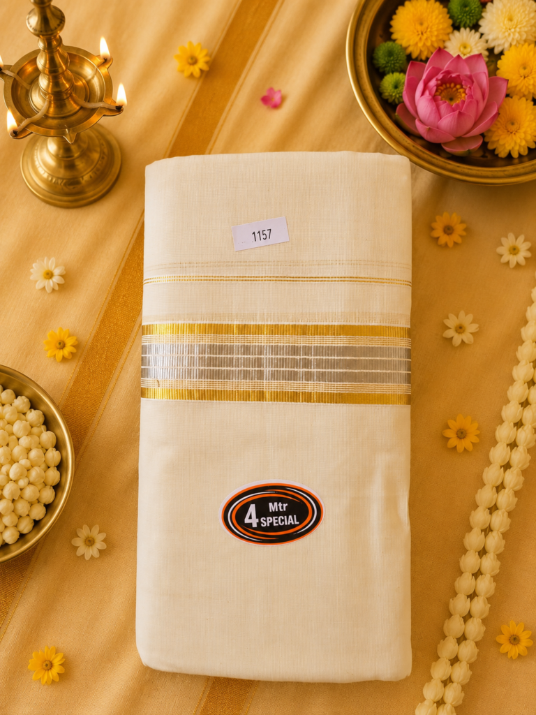 Classic Men’s Kerala Dhoti with Silver Gold Border – Premium Collection | Additional discount applicable if you purchase any saree with us.
