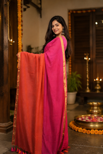 Half & Half Mul Cotton Saree – Pink and Coral Red Contrast
