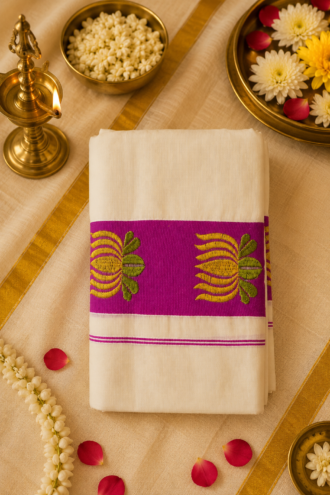 പദ്മം | Pink Lotus Kuthampully Set Mund for Women | Traditional Kerala Kasavu Set Mund | Onam Collection by Ethni