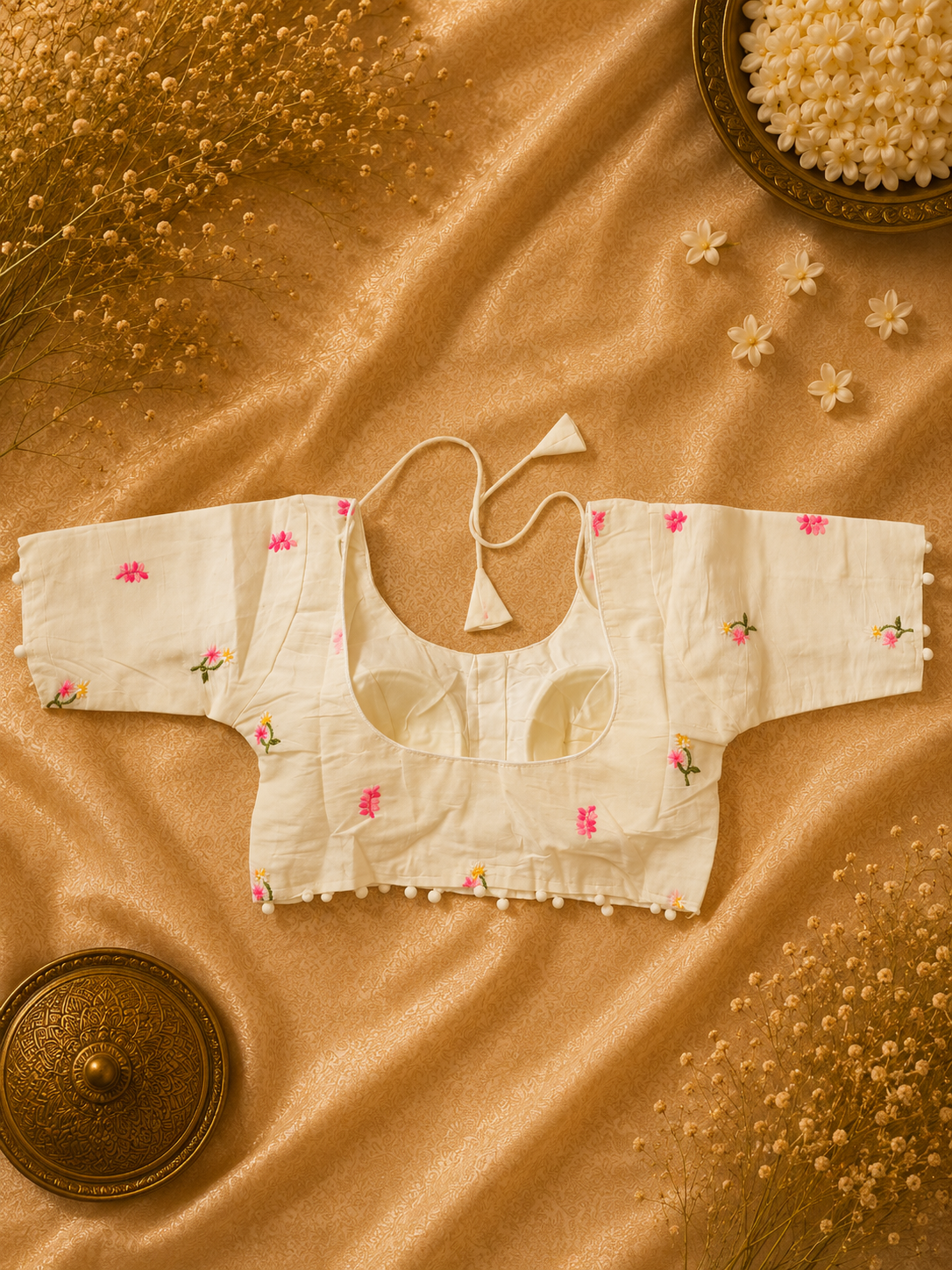 Off White Floral Embroidered Khadi Cotton Padded Blouse | Front Open Ready-to-Wear Designer Blouse - Image 2