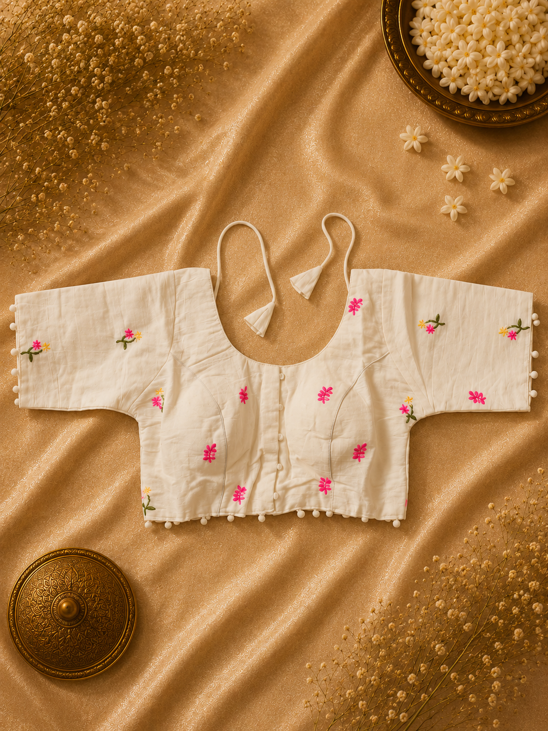 Off White Floral Embroidered Khadi Cotton Padded Blouse | Front Open Ready-to-Wear Designer Blouse