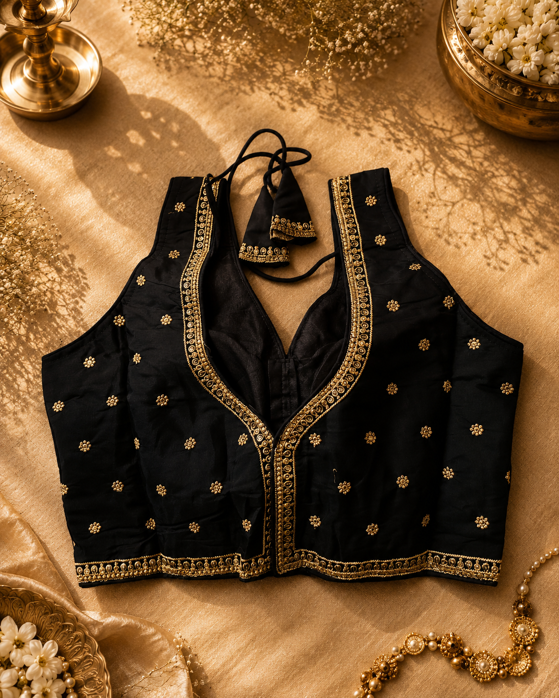 Premium Black Zari Embroidered Ready-Made Blouse | Designer Back Open Blouse with Sleeve Attachment - Image 2