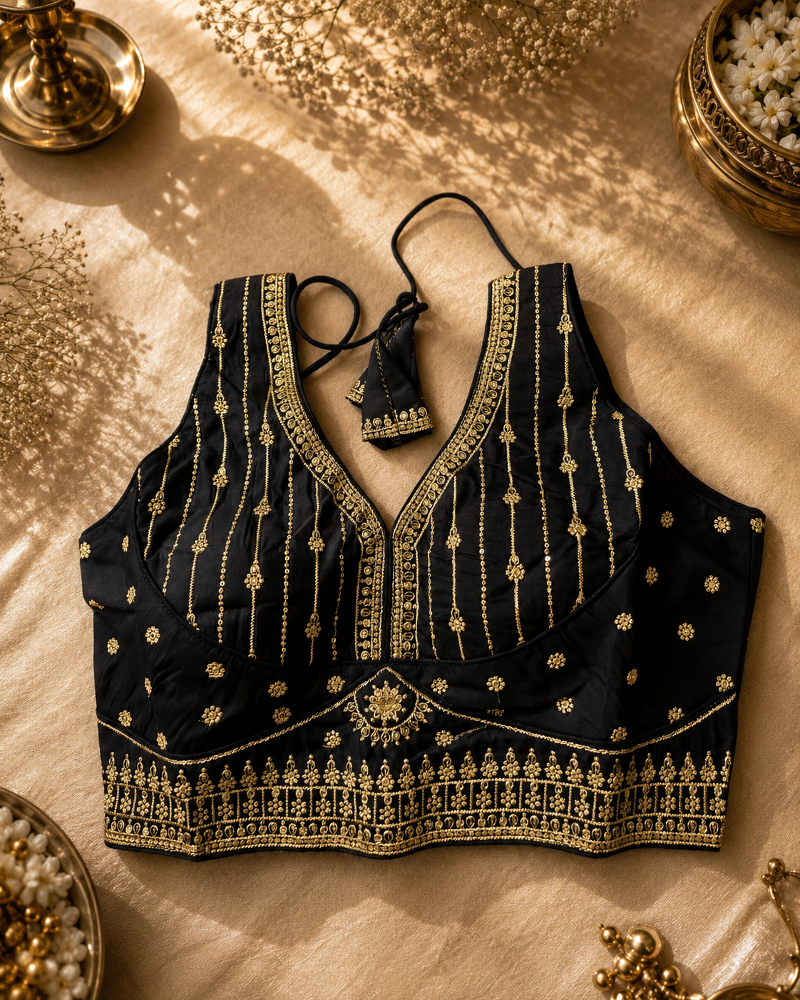 Premium Black Zari Embroidered Ready-Made Blouse | Designer Back Open Blouse with Sleeve Attachment