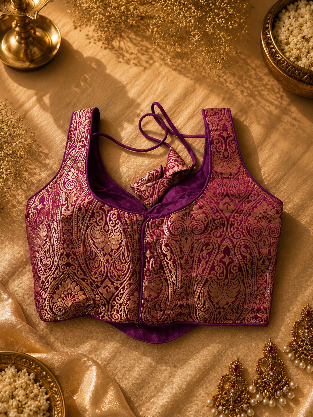 Premium Banarasi Jacquard Back Open Blouse in Magenta Purple | Ready-Made Designer Saree Blouse - Image 3