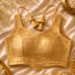 Premium Gold Banarasi Jacquard Back Open Padded Blouse for Saree | Ready-to-Wear Designer Blouse