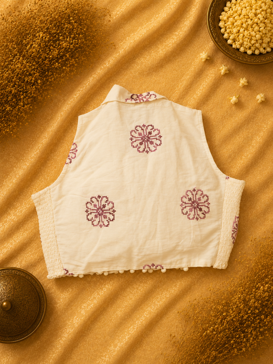 Premium Off White Khadi Cotton Padded Stretchable Blouse for Saree | Floral Embroidered Readymade Blouse - Image 2