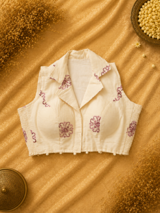Premium Off White Khadi Cotton Padded Stretchable Blouse for Saree | Floral Embroidered Readymade Blouse