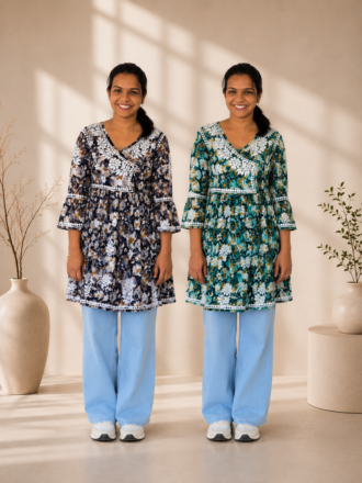 Mul Cotton Chikankari Short Kurti with Jeans – Premium Floral Casual Wear Top | 2 Colors available