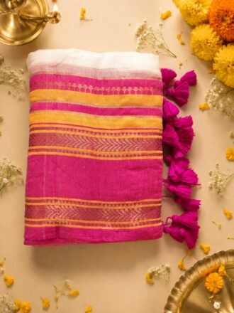 Handwoven 120 Count Mul Cotton Saree – Pink Yellow Contrast