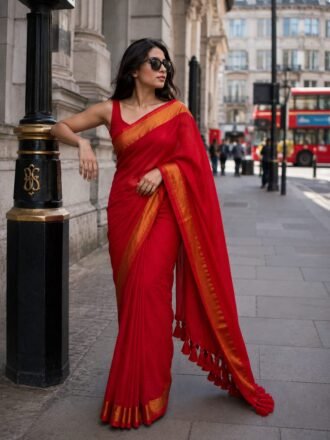 48 Hour | Elegant Red Mul Cotton Saree with Gold Border & Tassels