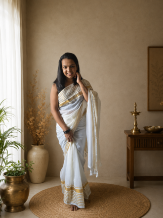 48 Hour | Premium Cream Ivory Mul Cotton Kasavu Saree with Traditional Golden Zari Border | Classic Onam Saree UK