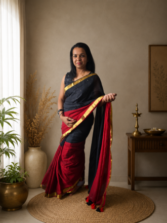 48 Hour | Premium Half & Half Mul Cotton Saree in Black & Red