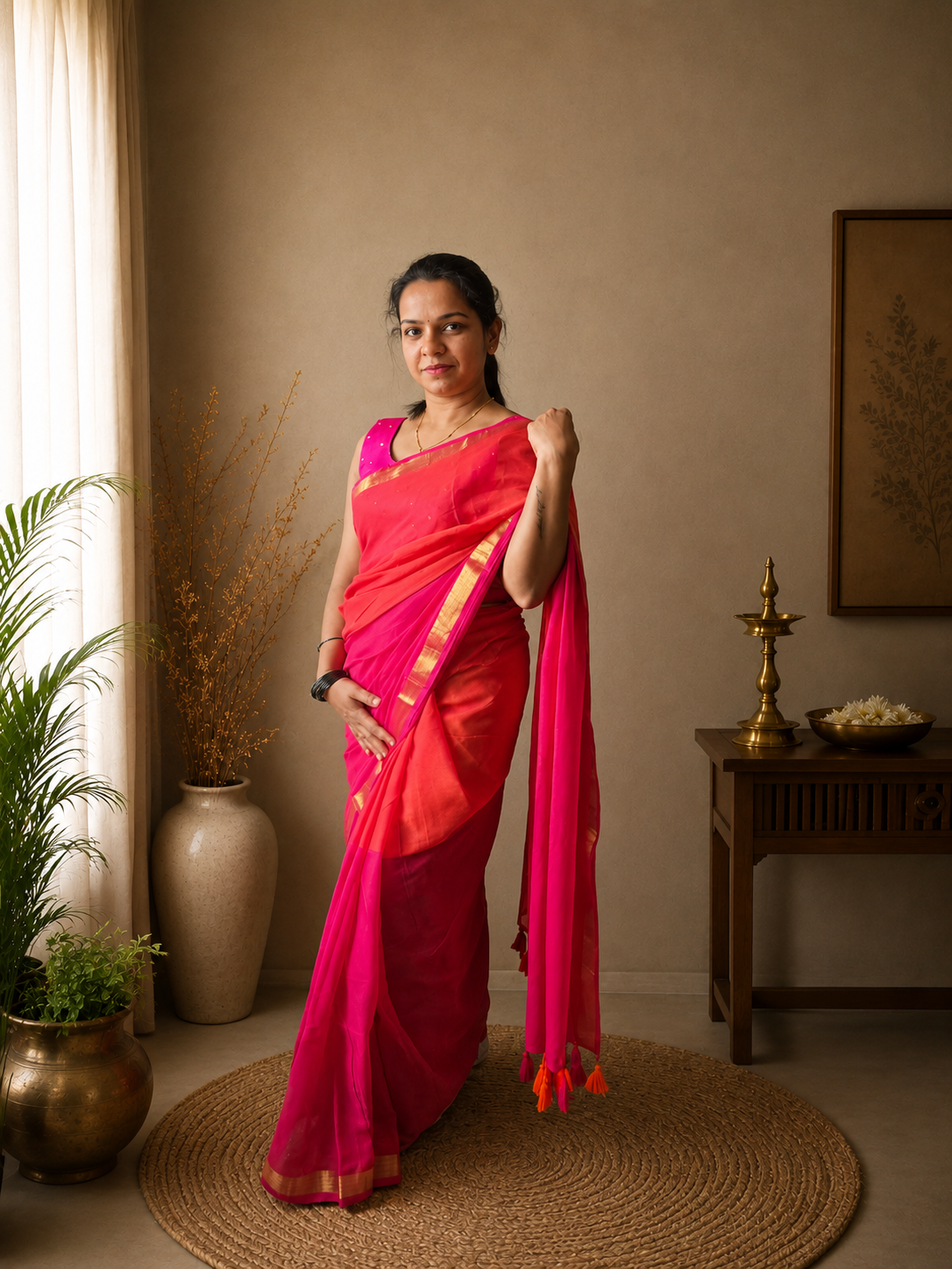 48 Hour | Half & Half Mul Cotton Saree – Pink and Coral Red Contrast - Image 4