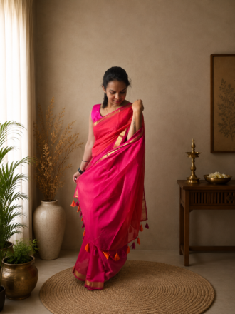 48 Hour | Half & Half Mul Cotton Saree – Pink and Coral Red Contrast