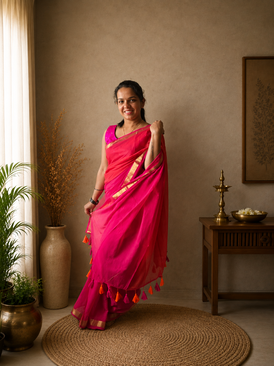 48 Hour | Half & Half Mul Cotton Saree – Pink and Coral Red Contrast - Image 5