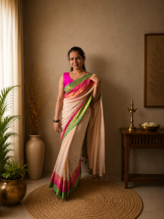 48 Hour | Premium Cream Ivory Mul Cotton Saree with Rani Pink & Parrot Green Kanjivaram Border | Traditional Onam Saree UK