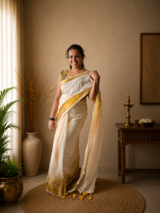 48 Hour | Premium Cream Ivory Mul Cotton Kasavu Saree with Golden Zari Border | Traditional Onam Saree UK