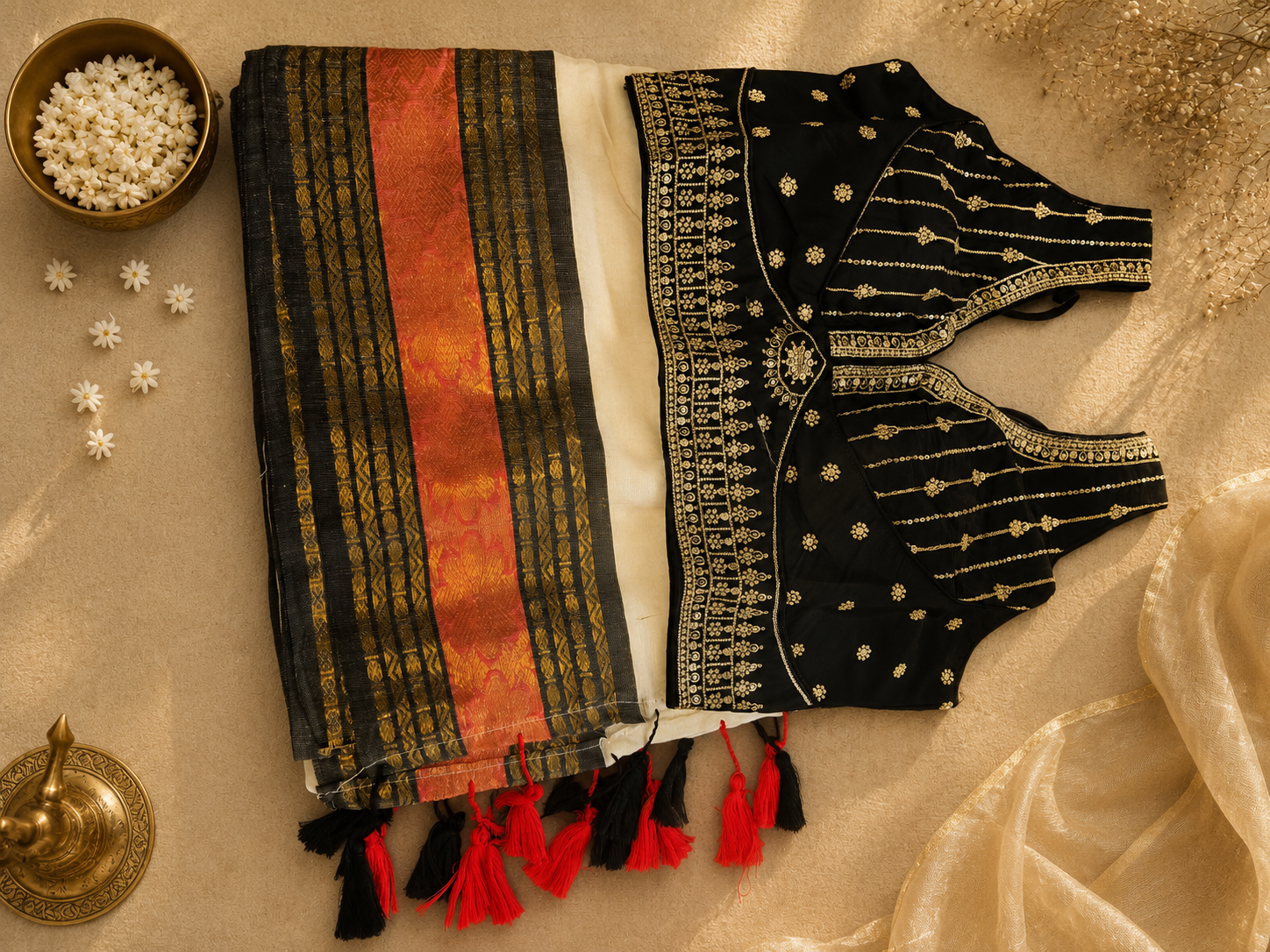 48 Hour | Premium Ivory Mul Cotton Saree with Charcoal Black, Antique Gold & Burnt Coral Kasavu Border | Traditional Onam Saree UK - Image 5