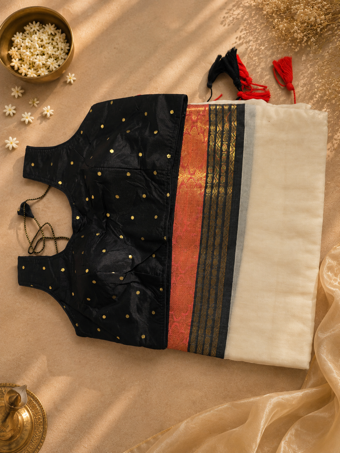 48 Hour | Premium Ivory Mul Cotton Saree with Charcoal Black, Antique Gold & Burnt Coral Kasavu Border | Traditional Onam Saree UK - Image 3