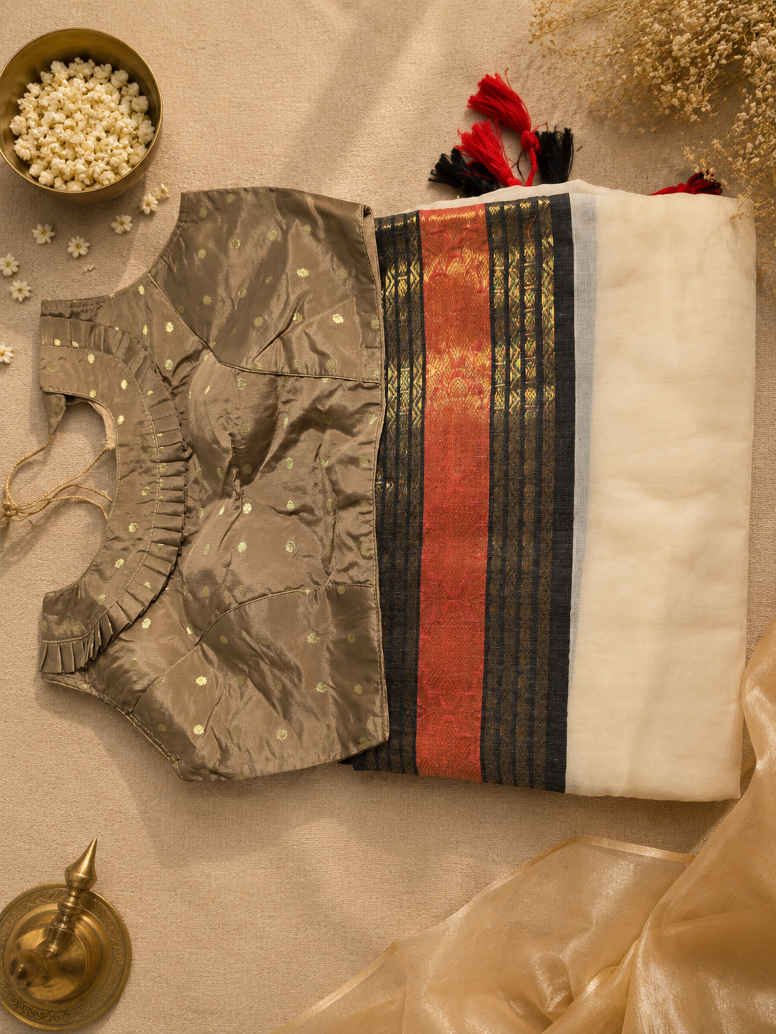 48 Hour | Premium Ivory Mul Cotton Saree with Charcoal Black, Antique Gold & Burnt Coral Kasavu Border | Traditional Onam Saree UK - Image 4