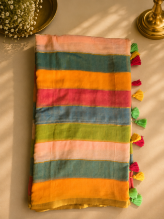 48 Hour | Premium Mul Cotton Saree in Pastel Peach, Teal Green, Mustard & Rose Pink Stripes | Festive Onam Saree UK