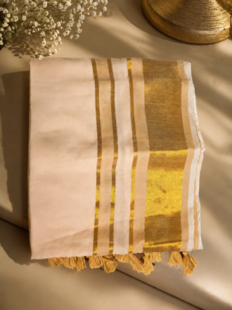 48 Hour | Premium Cream Ivory Mul Cotton Kasavu Saree with Golden Zari Border | Traditional Onam Saree UK