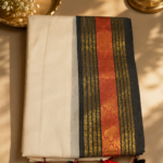 48 Hour | Premium Ivory Mul Cotton Saree with Charcoal Black, Antique Gold & Burnt Coral Kasavu Border | Traditional Onam Saree UK